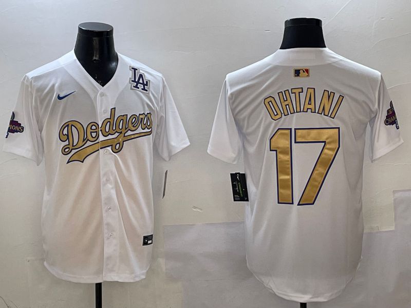 Men Los Angeles Dodgers 17 Ohtani White Champion gold character 2025 Nike MLB Jersey style 23